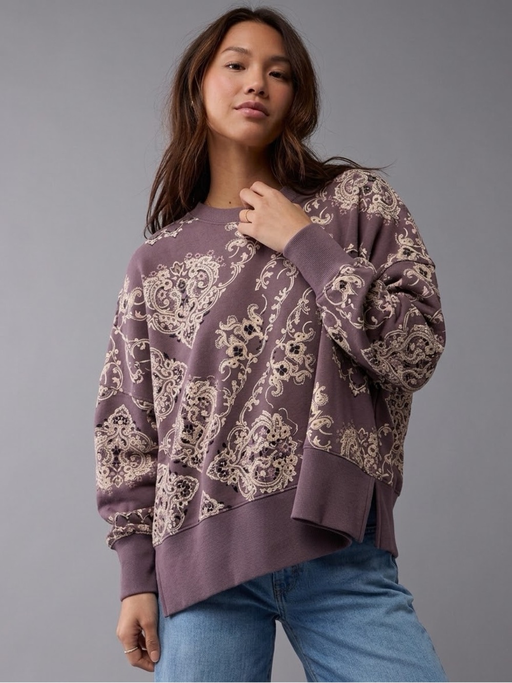 American Eagle “This Feels Seriously Lived In” Oversized Boho Mauve Purple Crew